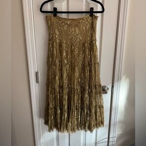 LILLIE RUBIN Vintage Gold Lace Metallic Prairie Tiered Midi Skirt Size 10